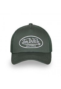Casquette vert foncé avec un bord courbé. L'avant présente un logo brodé en blanc "Von Dutch California" en forme ovale. Design à l'arrière en maille.