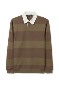 Langärmliges Polohemd in Olivgrün mit abwechselnden braunen Streifen, mit weißem Kragen und einer Knopfleiste mit drei Knöpfen. Weicher Baumwollstoff.