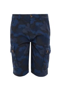 Blå camouflageshorts med tekstureret mønster, der har sidelommer og knaplukning. Fremstillet af slidstærkt stof til afslappet brug.