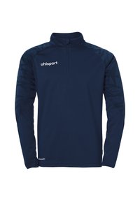 Pull-over de sport bleu marine avec un col montant, une fermeture éclair mi-longue et des manches à motif géométrique. Fabriqué en tissu lisse et léger.