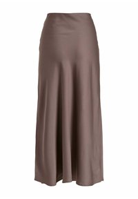 Lang, glat, mauve satin nederdel med let flare og høj talje.