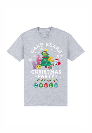 Grå bomulds T-shirt med farverige Care Bears omkring et juletræ, med teksten "CARE BEARS CHRISTMAS PARTY CHEER" i fed hvid skrift.