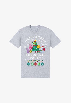 Szara bawełniana koszulka z kolorowymi misiów Care Bears wokół choinki, z napisem "CARE BEARS CHRISTMAS PARTY CHEER" w wyraźnych, białych literach.