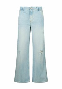 Vaqueros de pernera ancha en azul claro con cintura alta, detalles rasgados y dobladillos sin terminar. Hechos de denim, cuentan con bolsillos laterales y cierre de botón.