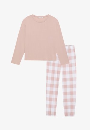 Two-piece pajama set: long-sleeve blush top and plaid pants in white and blush, featuring an elastic waistband and cuffed hems.
