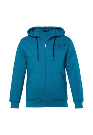 Turkusowa bluza z kapturem na zamek błyskawiczny, z przednimi kieszeniami, czarnymi sznurkami, prążkowanymi mankietami oraz małym ciemnym nadrukiem na lewej piersi.