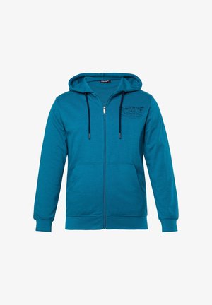 Turkusowa bluza z kapturem na zamek błyskawiczny, z przednimi kieszeniami, czarnymi sznurkami, prążkowanymi mankietami oraz małym ciemnym nadrukiem na lewej piersi.