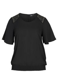 Svart kortärmad blus med rundad halsringning, texturerade pärldetaljer på axlarna och gummiband midja för en avslappnad passform.