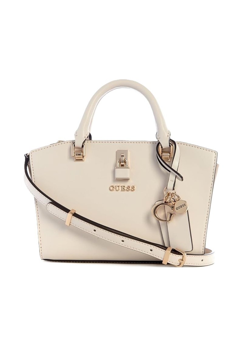 Borsa a mano in pelle bianca con hardware dorato, doppi manici superiori, tracolla rimovibile e un dettaglio con portachiavi che presenta il logo del marchio.