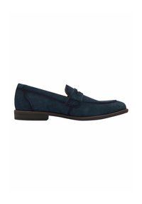 Dunkelblaue Wildlederslipper mit einem komfortablen Slip-On-Design, ausgestattet mit einer gestickten Nahtdetail und einer strukturierten Gummisohle für besseren Halt.