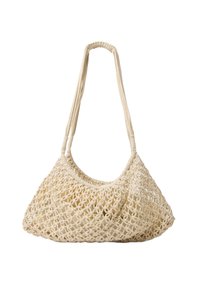 Borsa a tote beige lavorata a maglia con una texture intrecciata, fondo arrotondato e due lunghe maniglie, che mette in mostra un design aperto e arioso.