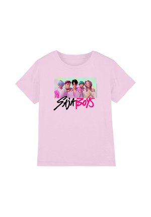 Light pink cotton t-shirt featuring a graphic print of five figures, text reading "Saja Boys" in black and pink, and a smooth texture.