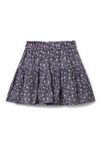 Falda de capas floral en morado oscuro, con pequeñas flores blancas y lavanda, y una cintura elástica para mayor comodidad.