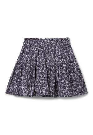 Gonna a più strati floreale di colore viola scuro, con piccoli fiori bianchi e lavanda, dotata di una vita elasticizzata per il massimo comfort.