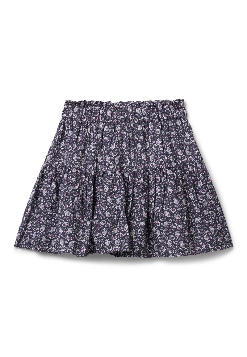 Falda de capas floral en morado oscuro, con pequeñas flores blancas y lavanda, y una cintura elástica para mayor comodidad.