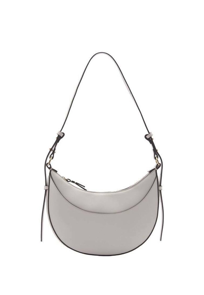 Szara skórzana torba na ramię o zaokrąglonym kształcie, z cienkim czarnym paskiem i złotymi detalami. Gładka tekstura z kontrastowym przeszyciem.