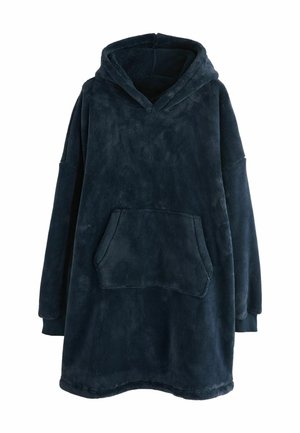 Navyblaue oversized Kapuzenjacke aus weichem Fleece-Material, mit einer großen Fronttasche und einer weit geschnittenen Kapuze. Das Design hat überschnittene Schultern und gerippte Bündchen.