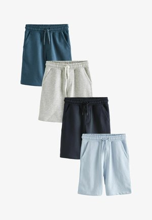 Set van vier shorts met elastische taillebands, trekkoorden, zijzakken, in marineblauw, lichtblauw, grijs en donkerblauw.
