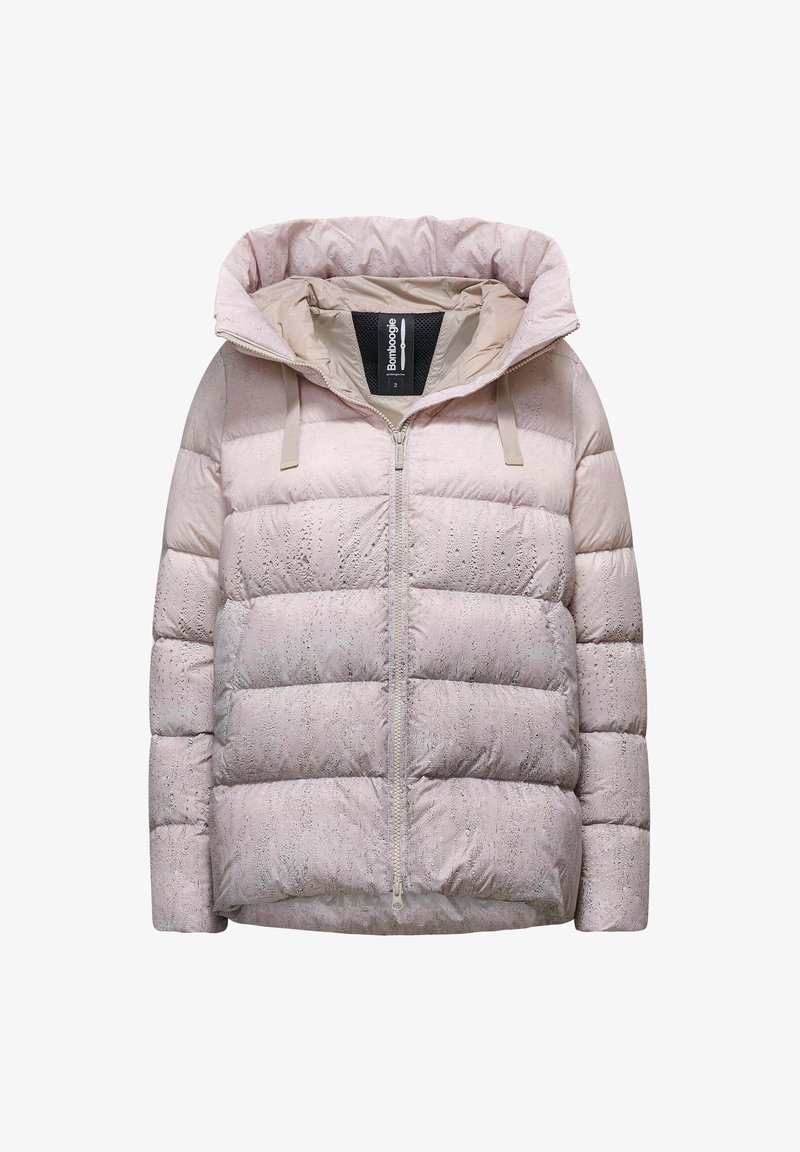 Light pink puffer jacket with a textured finish, a hood, and front zipper. Features stitched sections for insulation and adjustable drawstrings.
