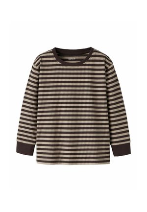 Chemise côtelée à manches longues avec des rayures horizontales marron foncé et beige ainsi que des poignets et un col marron foncé.