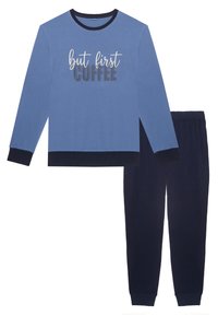 Blue long-sleeve pajama top with black collar and cuffs, featuring "but first coffee" text; paired with navy elastic-waste pants.