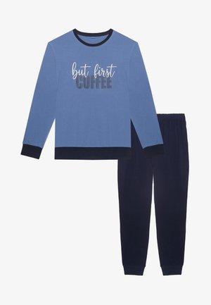 Blue long-sleeve pajama top with black collar and cuffs, featuring "but first coffee" text; paired with navy elastic-waste pants.