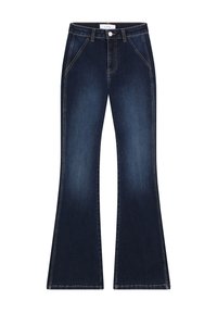 Dark blue flared jeans made of denim, featuring contrasting stitching, front pockets, and a button fly closure. Smooth texture overall.