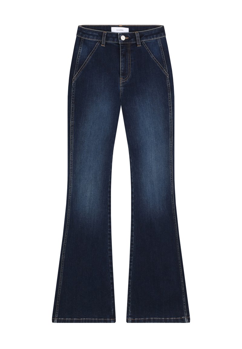 Dark blue flared jeans made of denim, featuring contrasting stitching, front pockets, and a button fly closure. Smooth texture overall.