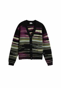 Čierny kardigán s farebnými horizontálnymi pásmi v purpurovej, žltej a zelenej farbe. Dizajn s výstrihom do V s piatimi gombíkmi a rebrovanými manžetami.