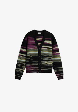 Must kardigan, millel on värvikad horisontaalsed triibud lillakas, kollases ja rohelises. V-kaelusega disain, viie nööbiga ja soonikkoes varrukasäärtega.