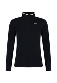 Sort zip-up pullover med lange ærmer, der har en guldfarvet detalje på kraven og et lille logo på venstre bryst. Glat stoftekstur.
