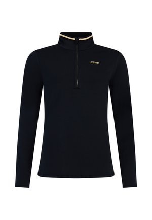 Crni zip-up pulover dugih rukava, sa zlatnim detaljem na ovratniku i malim logotipom na lijevoj strani prsnog koša. Glatka tekstura tkanine.