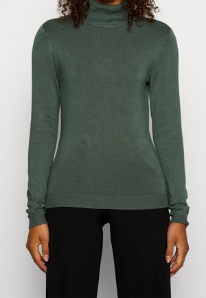 Persona con un suéter verde de cuello alto y manga larga, y pantalones negros, posando contra un fondo claro y liso.