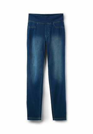 Blaue Jeanshose mit glatter Textur, elastischem Bund und Taschen-Dekoration auf der Vorderseite. Verwaschenes Design an den Knien.