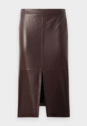 Dark brown leather pencil skirt with a front slit, smooth texture, and visible seam details on a white background.