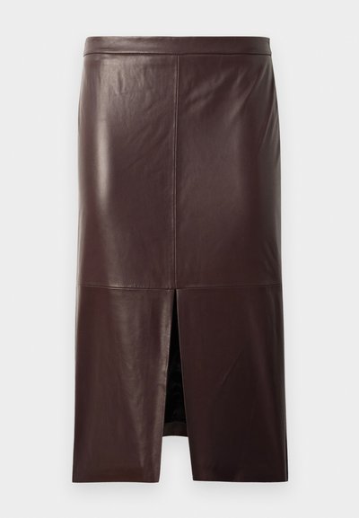 Dark brown leather pencil skirt with a front slit, smooth texture, and visible seam details on a white background.