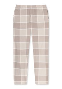 Beiga rutiga byxor med elastisk midja. Har stora ljusa och mörka rutmönster. Materialet verkar mjukt och lätt.