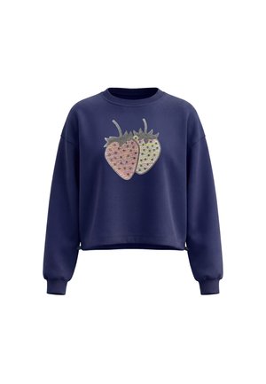 Navyblå langærmet sweatshirt med ribstrikkede manchetter og to store jordbærgrafikker dekoreret med små farverige prikker foran.