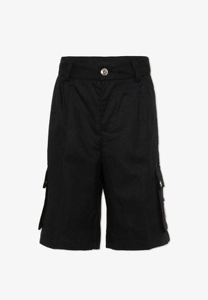 Shorts cargo noirs longueur genou avec passants de ceinture, fermeture avant à boutons et poches latérales à rabat avec détails à boutons.