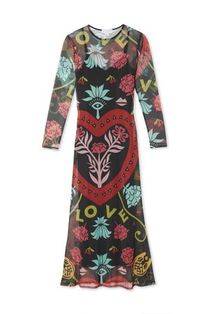 Φόρεμα μακρυμάνικο, από διαφανές διχτυωτό ύφασμα, με σχέδιο λουλουδιών και καρδιών σε κόκκινο, τουρκουάζ και κίτρινο σε μαύρο φόντο, με κείμενο "ΑΓΑΠΗ".