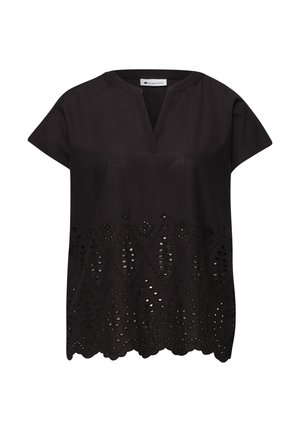 Musta, lyhythihainen pusero, jossa V-aukko, silmäpistotikkaus ja aaltoileva helma.