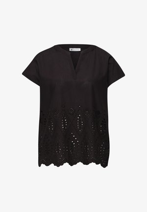 Musta, lyhythihainen pusero, jossa V-aukko, silmäpistotikkaus ja aaltoileva helma.