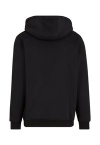 Felpa nera con cappuccio regolabile, realizzata in morbido tessuto misto cotone. Presenta polsini e orlo a costine, con una texture liscia e semplice.