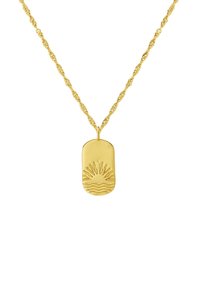 Zelta kaklarota ar savītām ķēdēm un ovālu piekariņu, kuram ir saules stara dizains un viļņu raksti apakšējā pusē.