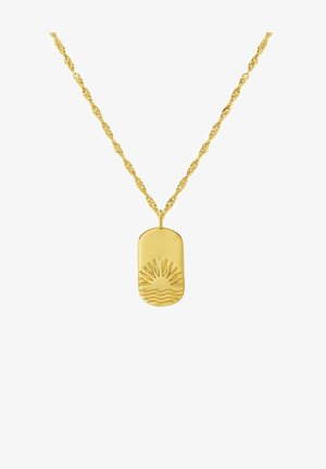 Zelta kaklarota ar savītām ķēdēm un ovālu piekariņu, kuram ir saules stara dizains un viļņu raksti apakšējā pusē.