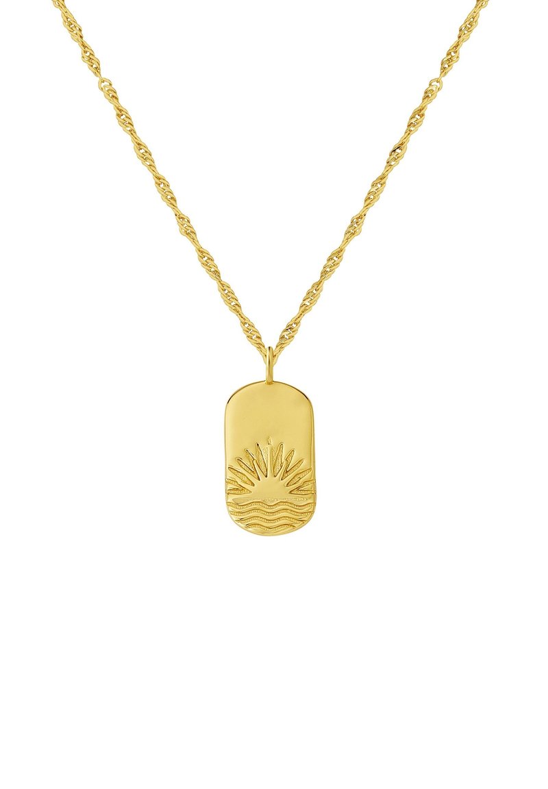 Zelta kaklarota ar savītām ķēdēm un ovālu piekariņu, kuram ir saules stara dizains un viļņu raksti apakšējā pusē.