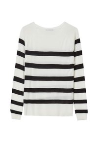 Weißer Pullover mit langen Ärmeln und breiten schwarzen horizontalen Streifen, die gleichmäßig über den Körper und die Ärmel verteilt sind.