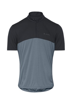 Korte mouw fietsjersey met zwart boven- en grijs ondergedeelte, halve rits bij de kraag en klein Vaude-logo op de borst.