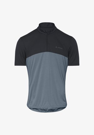 Korte mouw fietsjersey met zwart boven- en grijs ondergedeelte, halve rits bij de kraag en klein Vaude-logo op de borst.