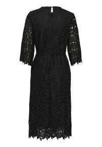 Black lace dress featuring three-quarter sleeves, floral pattern, and a keyhole back closure. Includes a belt at the waist.
